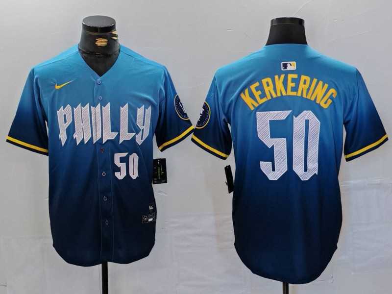 Mens Philadelphia Phillies #50 Orion Kerkering Number Blue 2024 City Connect Limited Stitched Jersey->philadelphia phillies->MLB Jersey